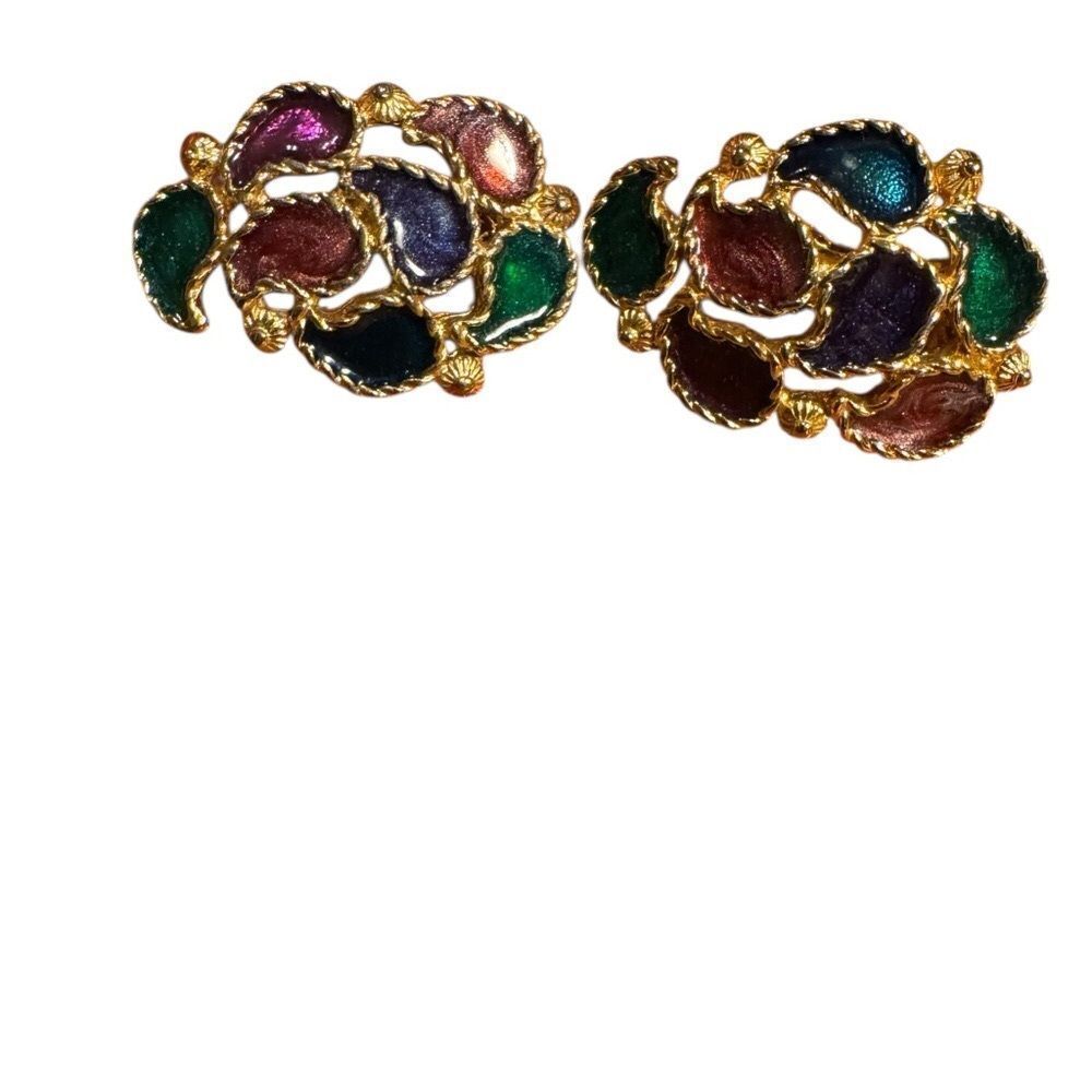 Vintage Multicolor Enamel Leafβclip Earrings